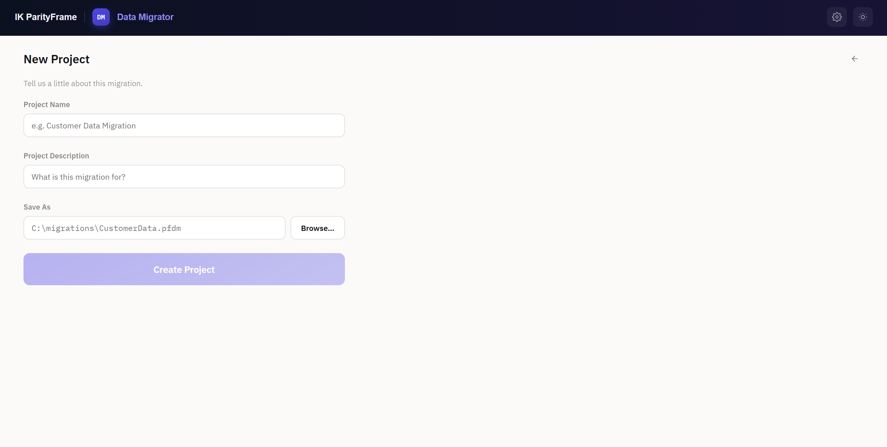 New Project screen