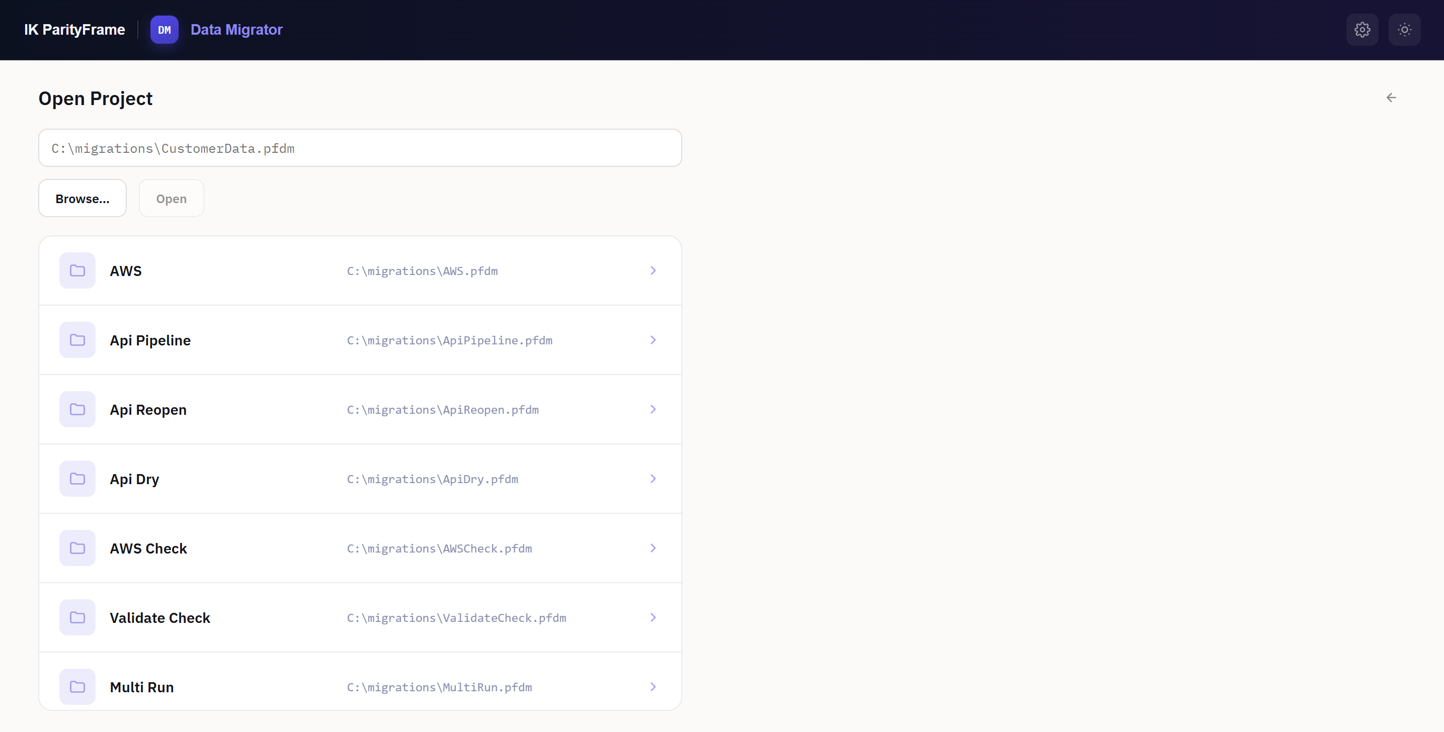 Open Project screen
