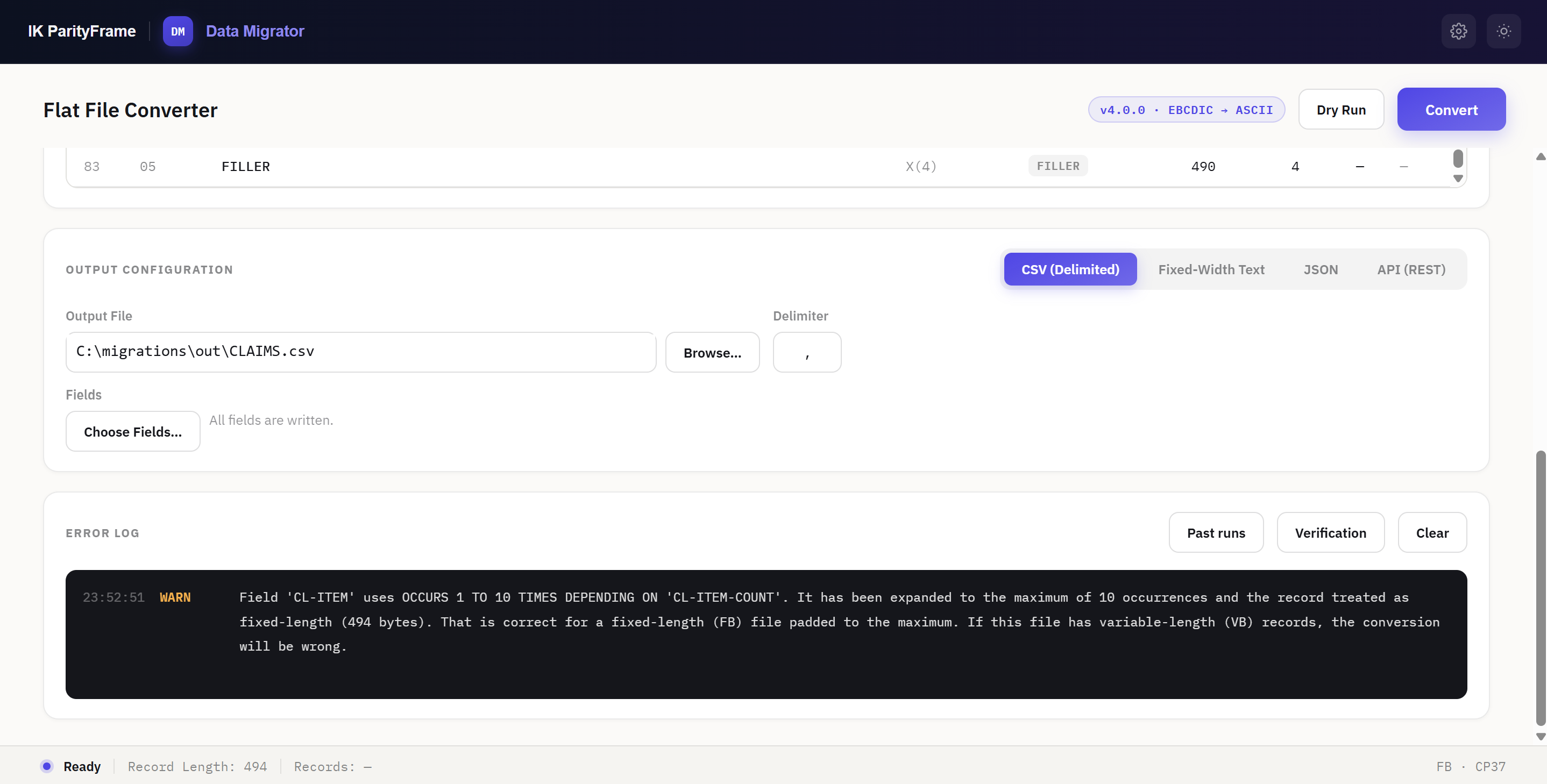 Output configuration and error log
