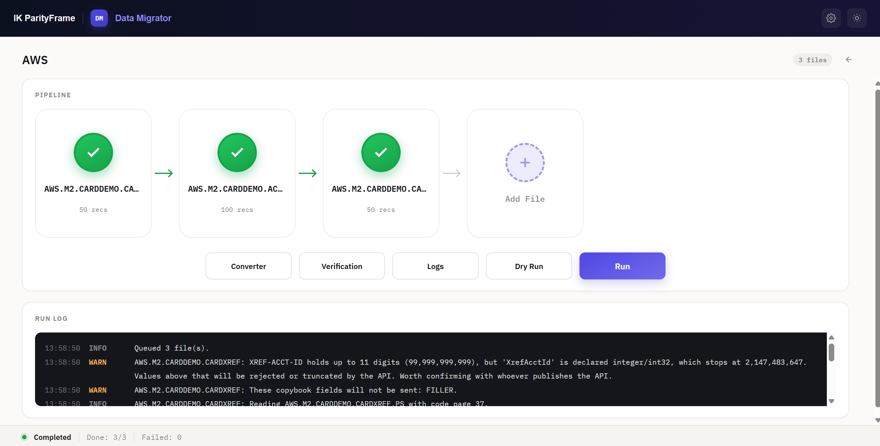 Data Migrator pipeline screen